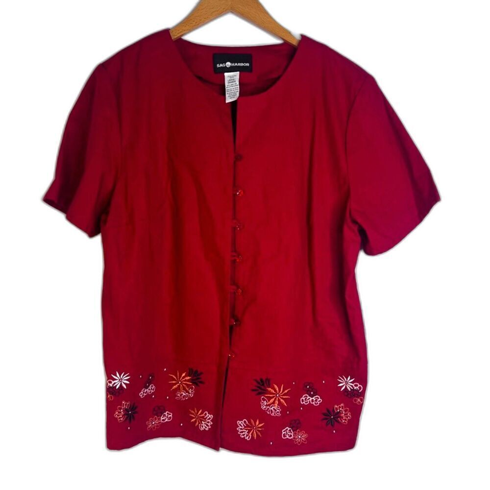 Sag Harbor NWT Red Embroidered Linen Blend Button Front Boho Top Size Large